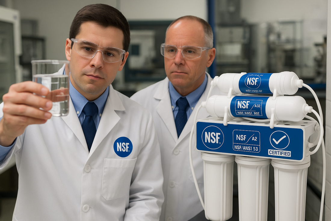 NSF certified water filter system with visible certification badges ensuring safe drinking water for families