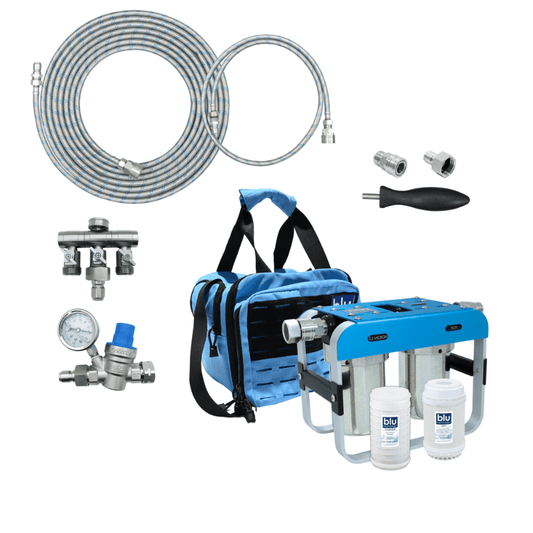 Blu Tech ESSENTIAL bundle 2-stage water filtration system with quick connect hoses providing pure water for RV use