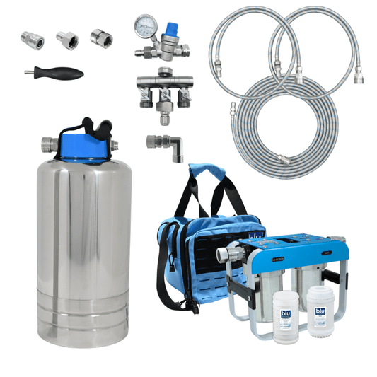 Blu Technology AR2 ELITE 2-stage RV water filter with portable softener, quick-connect hoses, and pressure regulator.