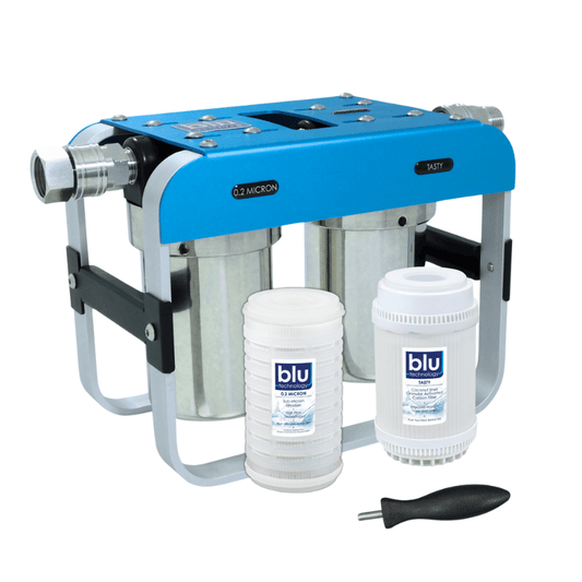 Portable 2-stage RV water filtration for outdoor adventures.