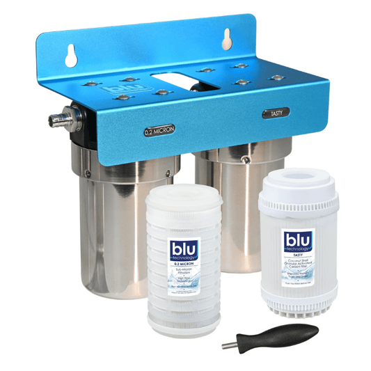 Blu Technology DUO Fixed Mounted RV Water Filtration System with 2-stage filtration and stainless steel canisters.