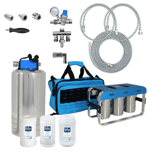 Blu Technology AR3 ELITE RV water filter with portable water softener and quick-connect hoses.