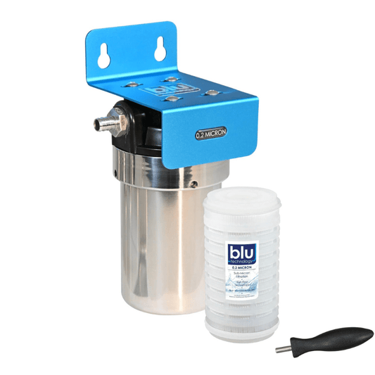 Blu Technology SOLO Fixed Mounted RV Water Filtration System with single-stage filtration and stainless steel canister.