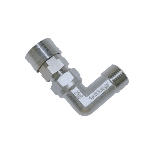 Blu Technology 90-degree hose adapter with stainless steel quick-connect fittings for RV water filters and garden hoses.