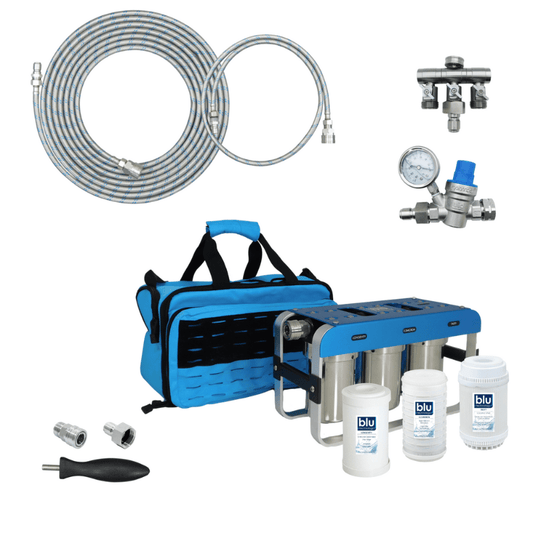Blu Tech ESSENTIAL bundle 3-stage water filtration system with quick connect hoses providing pure water for RV use