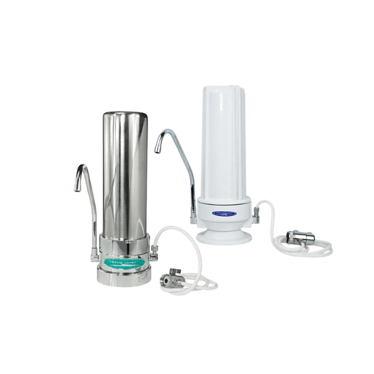 Crystal Quest SMART Countertop Fluoride Water Filter with stainless steel housing and GAC filtration technology.