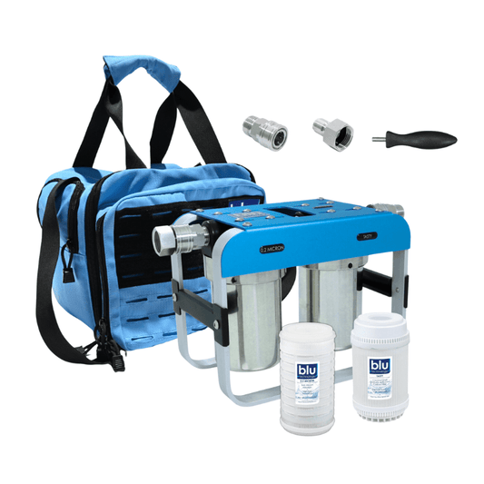 Blu Technology AR2 Portable 2-Stage RV Water Filter System with quick-connect fittings and carrying bag.