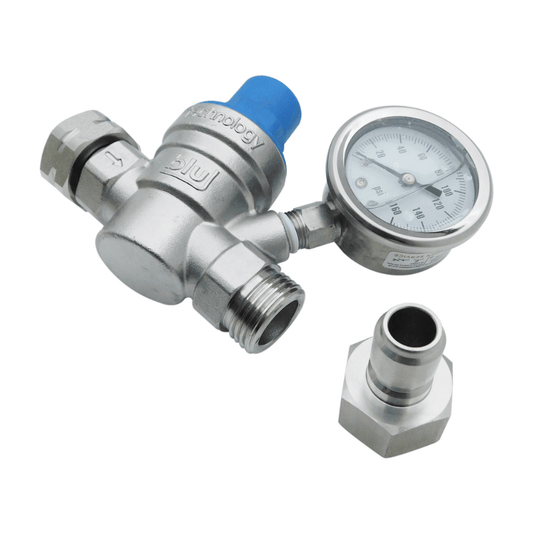 Blu Technology Stainless Steel RV Water Pressure Regulator with adjustable 0-160 PSI control and oil-filled gauge.