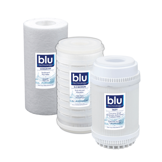 Blu Technology 3-Stage RV Water Filter Replacement for AR3, MR3, and TRIO systems with 0.2-micron filtration.