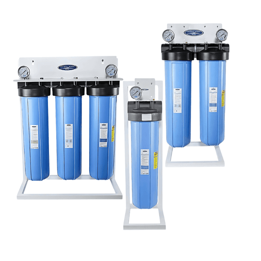 Crystal Quest Big Blue Water Filter with Stand for whole house water filtration system with SMART, Carbon Block, and Sediment filter options.