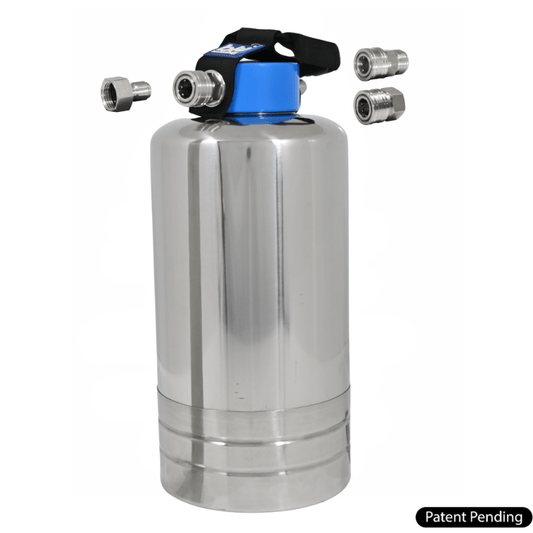 Blu Technology ELITE Portable RV Water Softener System with 10,000-grain capacity and stainless steel quick-connect fittings.