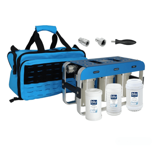 Blu Technology AR3 3-Stage RV Water Filter System with compact design and quick-connect fittings.