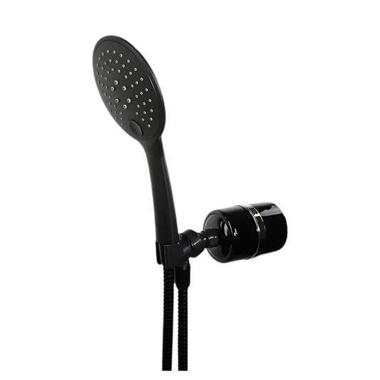 Crystal Quest Black Handheld Shower Filter with 3-stage chlorine removal and 5.75-foot Duro-Flex hose.