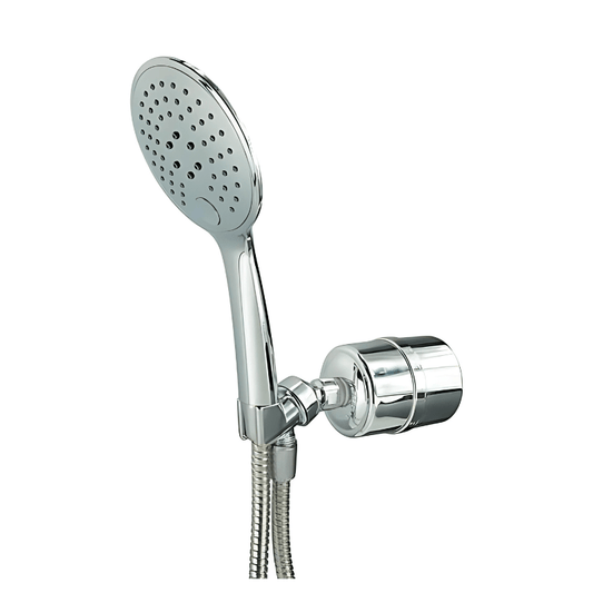 Crystal Quest Chrome Handheld Shower Filter with 3-stage chlorine removal and 5.75-foot Duro-Flex hose.
