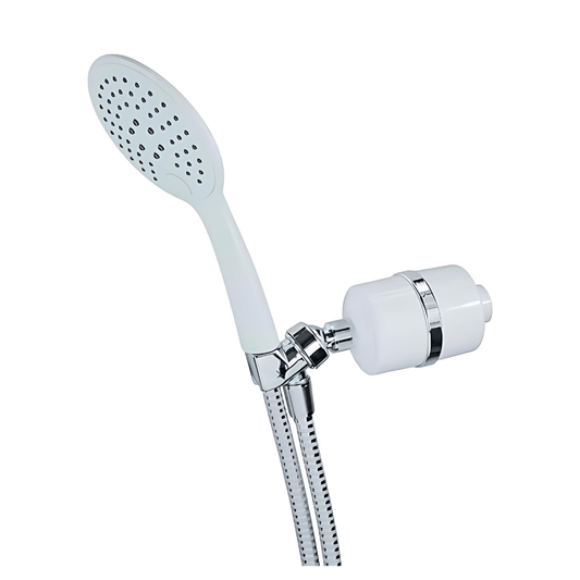 Crystal Quest White Handheld Shower Filter with 3-stage chlorine removal and 5.75-foot Duro-Flex hose.