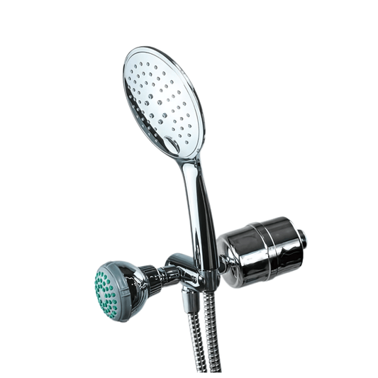 Crystal Quest 2-in-1 Chrome Handheld Shower Head Filter with massaging spray, handheld wand, and 3-stage filtration for chlorine and contaminant removal.