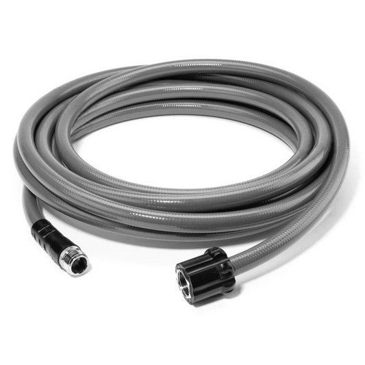 Clearsource 25 ft stainless‑steel braided RV water hose coiled next to travel trailer hookup
