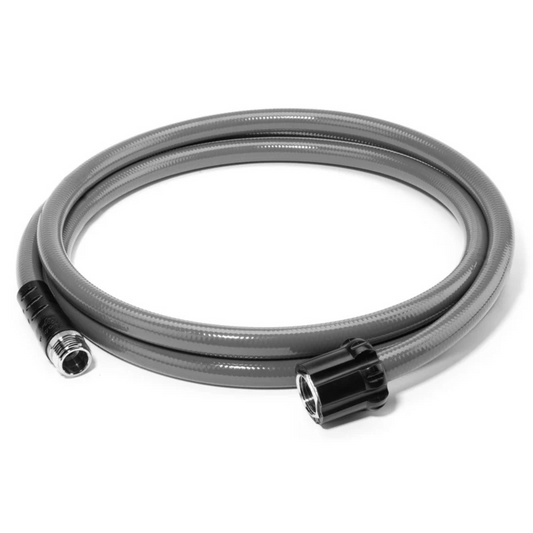 Clearsource 10 ft stainless‑steel braided RV water hose with quick‑connect fittings attached to campsite spigot