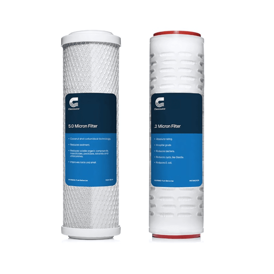 Clearsource Premier™ 2-Stage Replacement Filters for RV water filtration system, including carbon block and absolute filtration.