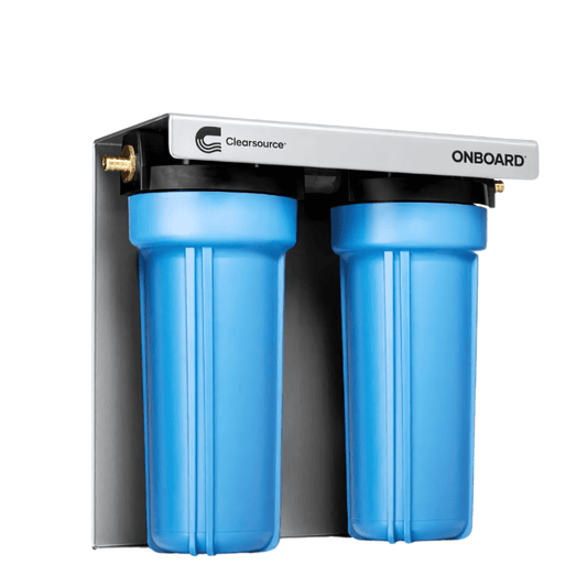 Clearsource Onboard 2-Canister RV Water Filtration System – High-flow, onboard-mounted filter for RV water purification.