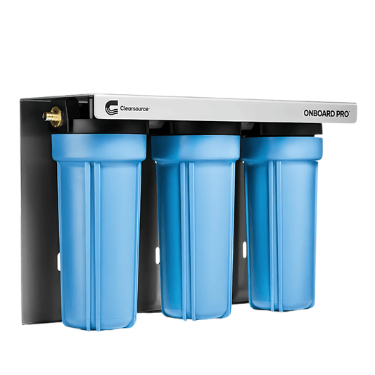 Clearsource ONBOARD PRO™ 3-Stage RV Water Filtration System – High-flow, onboard-mounted filter for RV water purification.