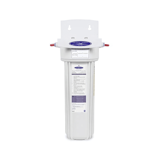 Crystal Quest Refrigerator Fluoride Removal Water Filter with quick-connect fittings for refrigerators and ice makers.