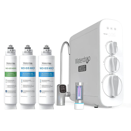 Waterdrop G3P800 Tankless RO Water Filter with smart LED faucet and 9-stage filtration for clean, purified drinking water.