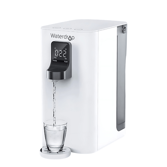 Waterdrop K19 Instant Hot Countertop RO Water Filter with smart display panel and instant heating technology for purified drinking water.