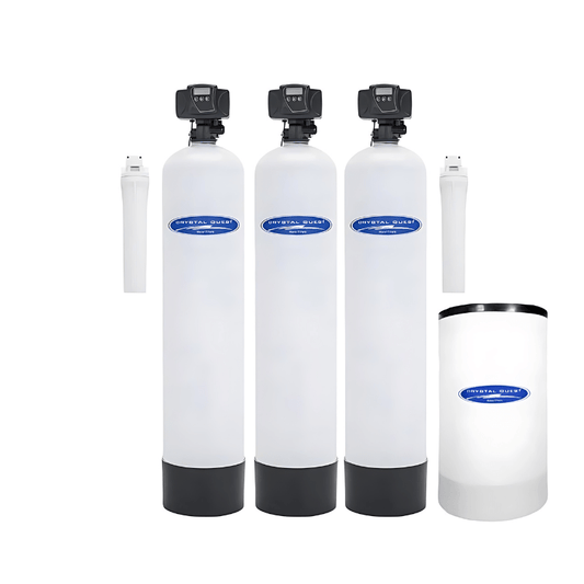 Crystal Quest Whole House Fluoride Removal & Softening Water Filter with automatic backwash system and brine tank for improved water quality.