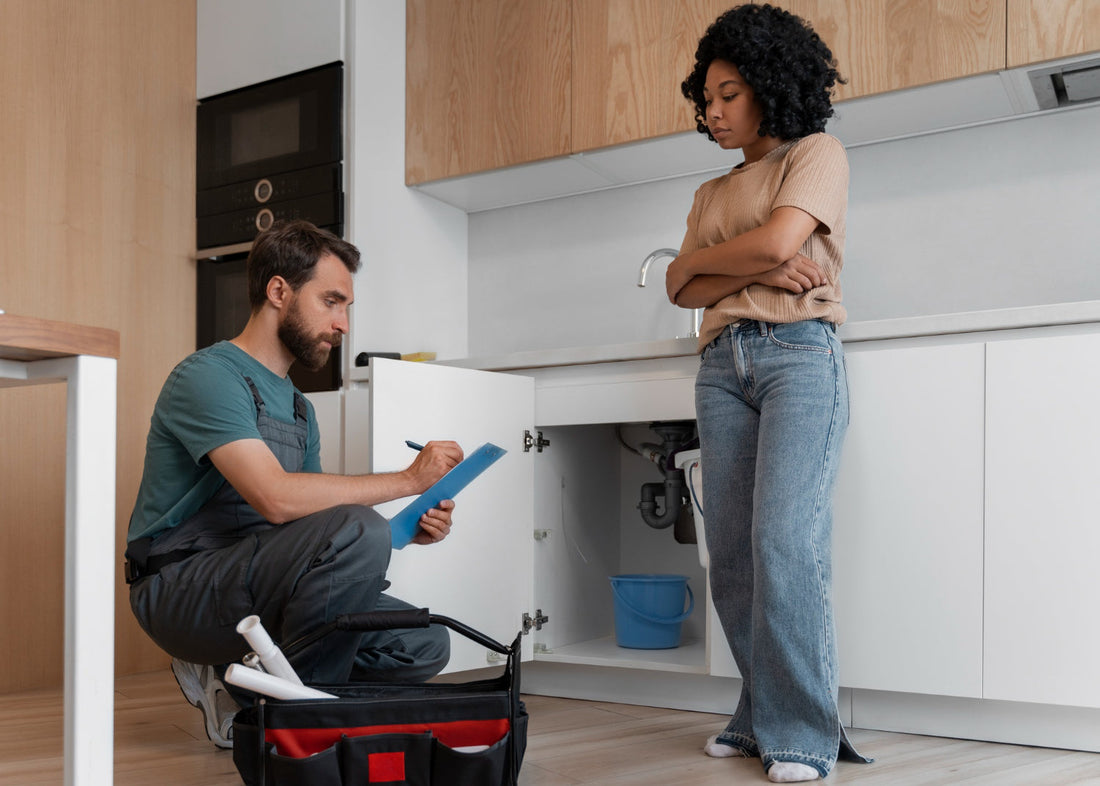 Professional technician diagnosing water filter system repair issues in modern home kitchen setting