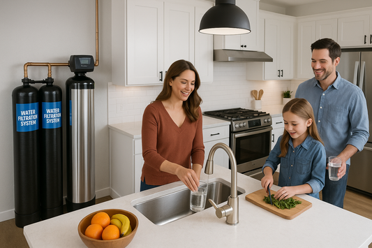 Modern whole home water filtration system installed in contemporary American kitchen with family