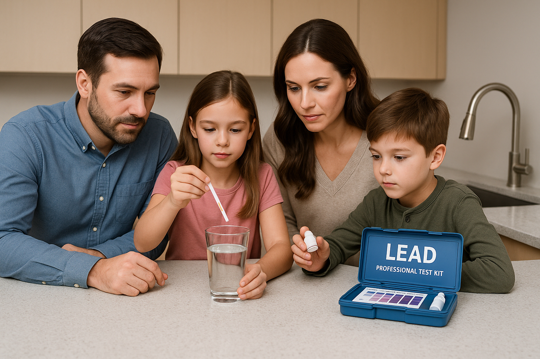 Family testing home drinking water for lead contamination with professional test kit in modern kitchen