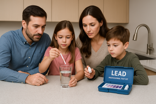 Family testing home drinking water for lead contamination with professional test kit in modern kitchen