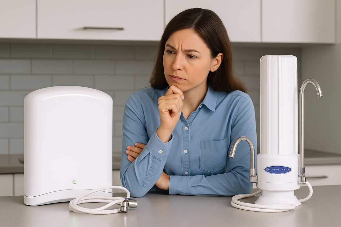Homeowner comparing Crystal Quest SMART system to unavailable Pelican water filter in modern kitchen