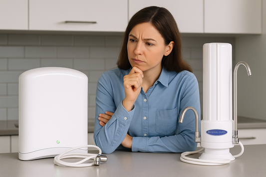 Homeowner comparing Crystal Quest SMART system to unavailable Pelican water filter in modern kitchen