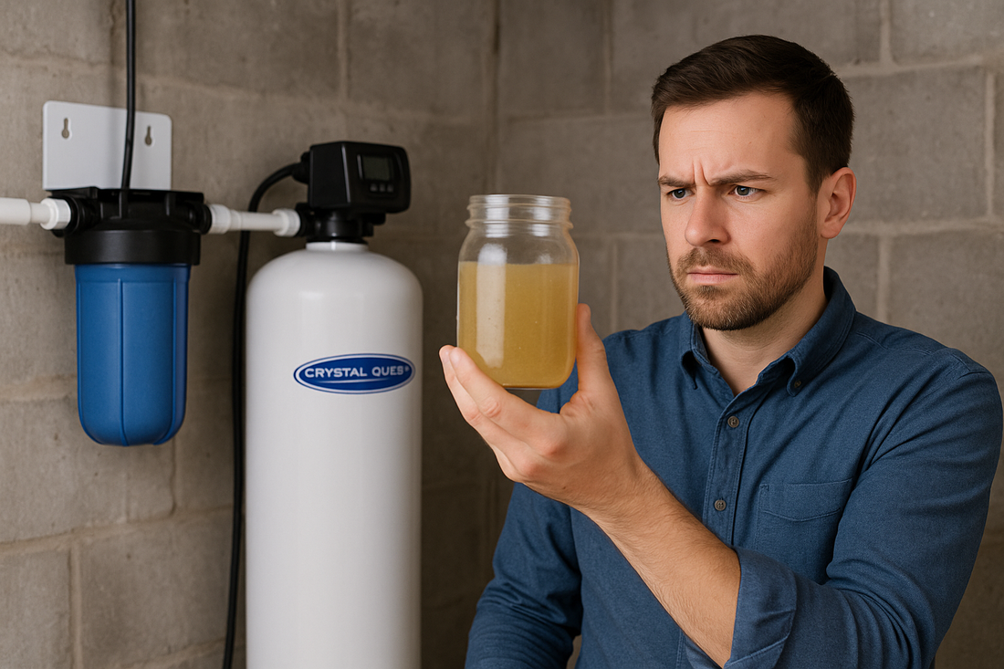 Homeowner examining cloudy well water sample next to whole house sediment filtration system