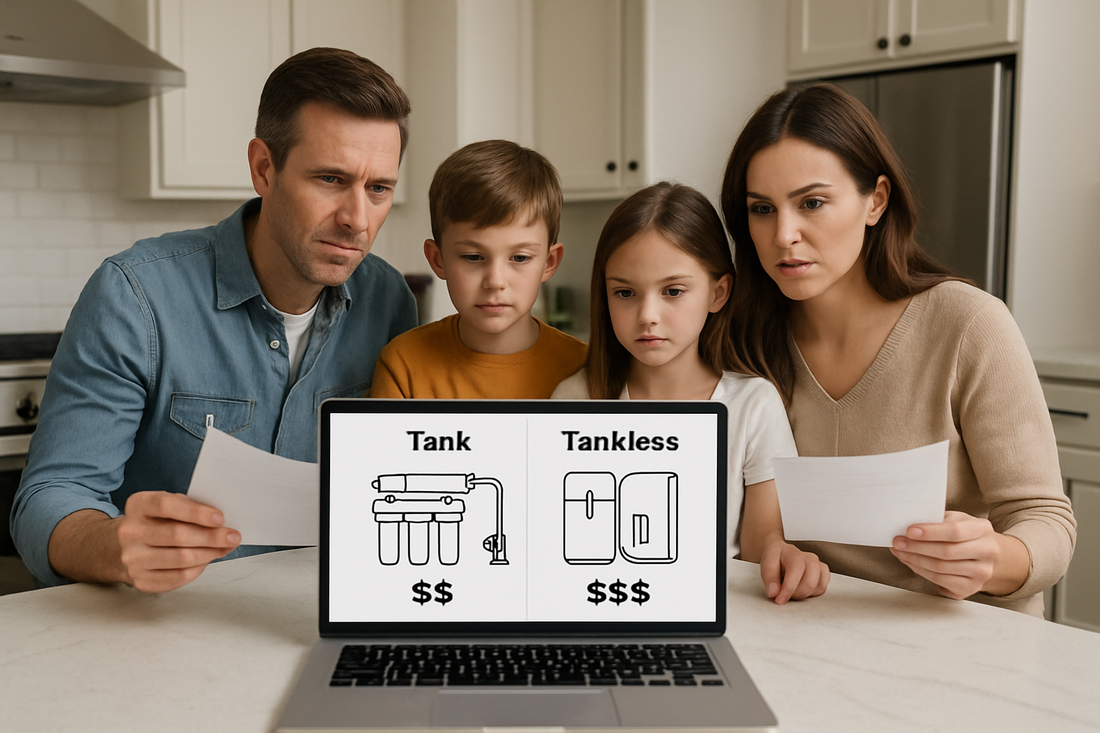 Modern family comparing costs of tank versus tankless reverse osmosis water filtration systems in kitchen
