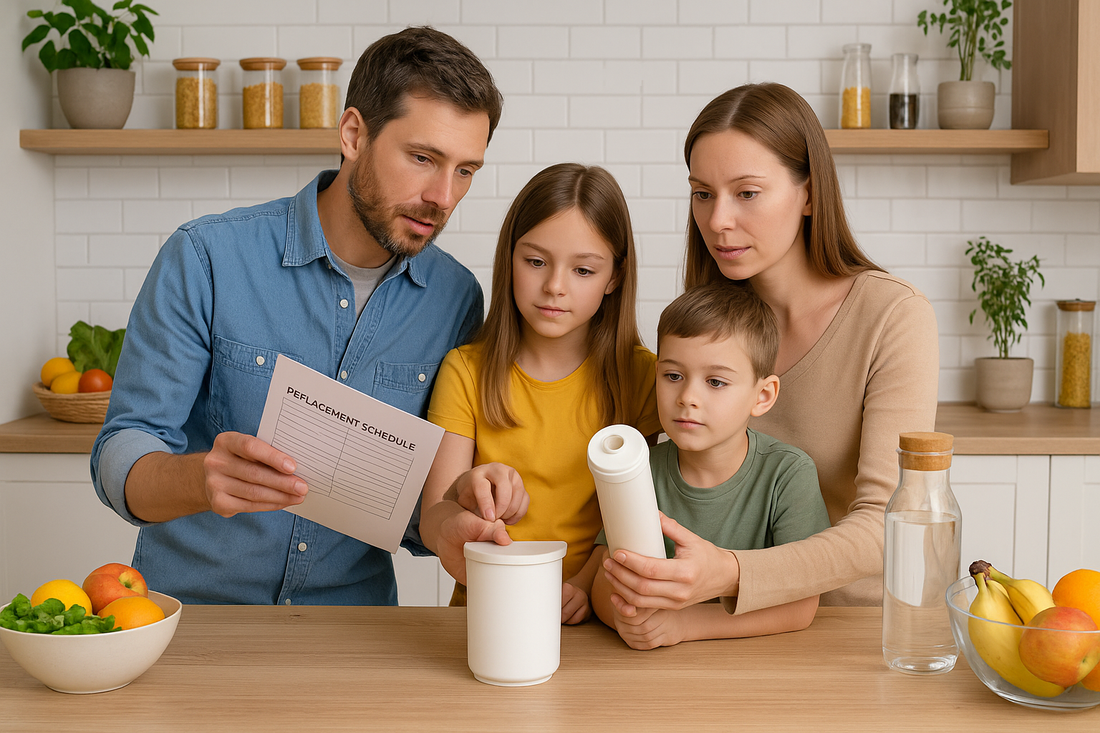 Family checking replacement cartridge water filter maintenance schedule in modern kitchen with healthy lifestyle focus