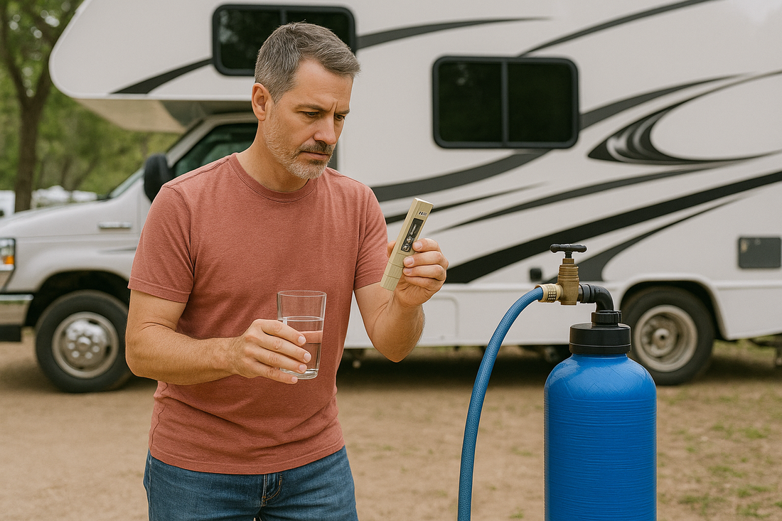 RV owner testing water hardness levels at campground before connecting portable water softener system