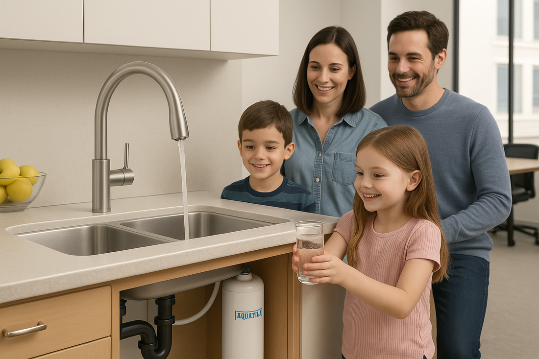 Modern family kitchen with home filtration system ensuring safe drinking water for children and parents
