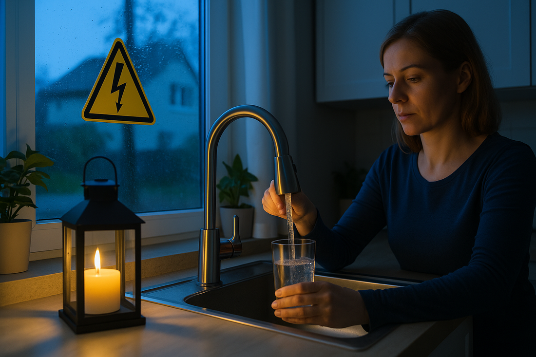 Modern family home with clean water flowing from kitchen faucet during emergency power outage