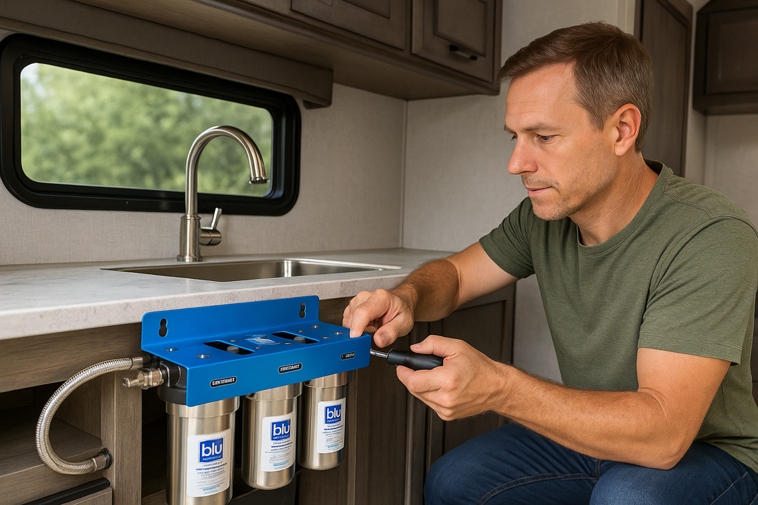 RV owner installing fixed-mount water filter system for clean drinking water on the road