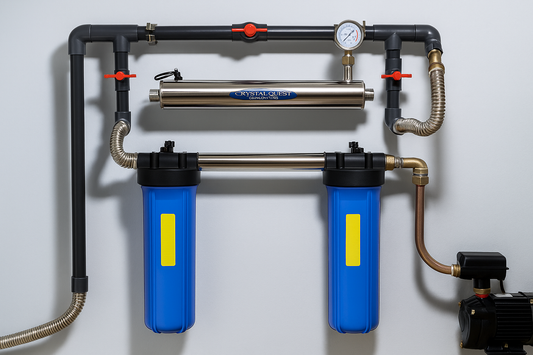 Modern whole house UV water sterilizer installation showing clear quartz chamber and stainless steel housing
