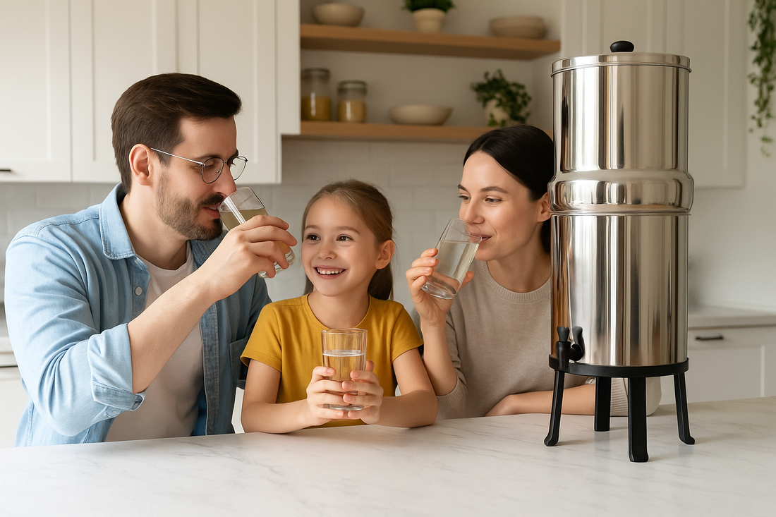 Family enjoying clean filtered water from countertop stainless steel gravity filter system