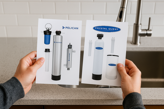 Homeowner comparing trusted water filter brands including Pelican and Crystal Quest systems for kitchen installation