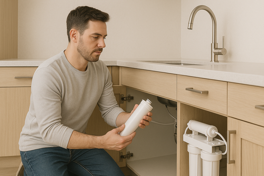 Homeowner performing water filter cartridge replacement under kitchen sink maintenance