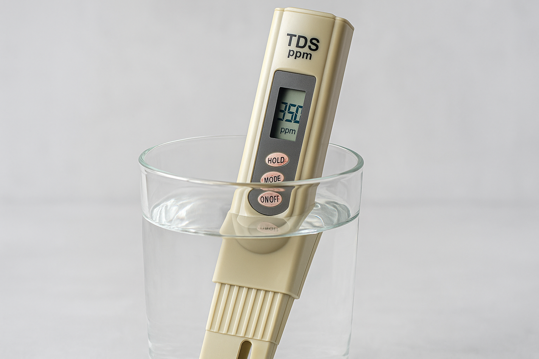 Digital TDS meter showing 350 ppm reading for home water quality test results
