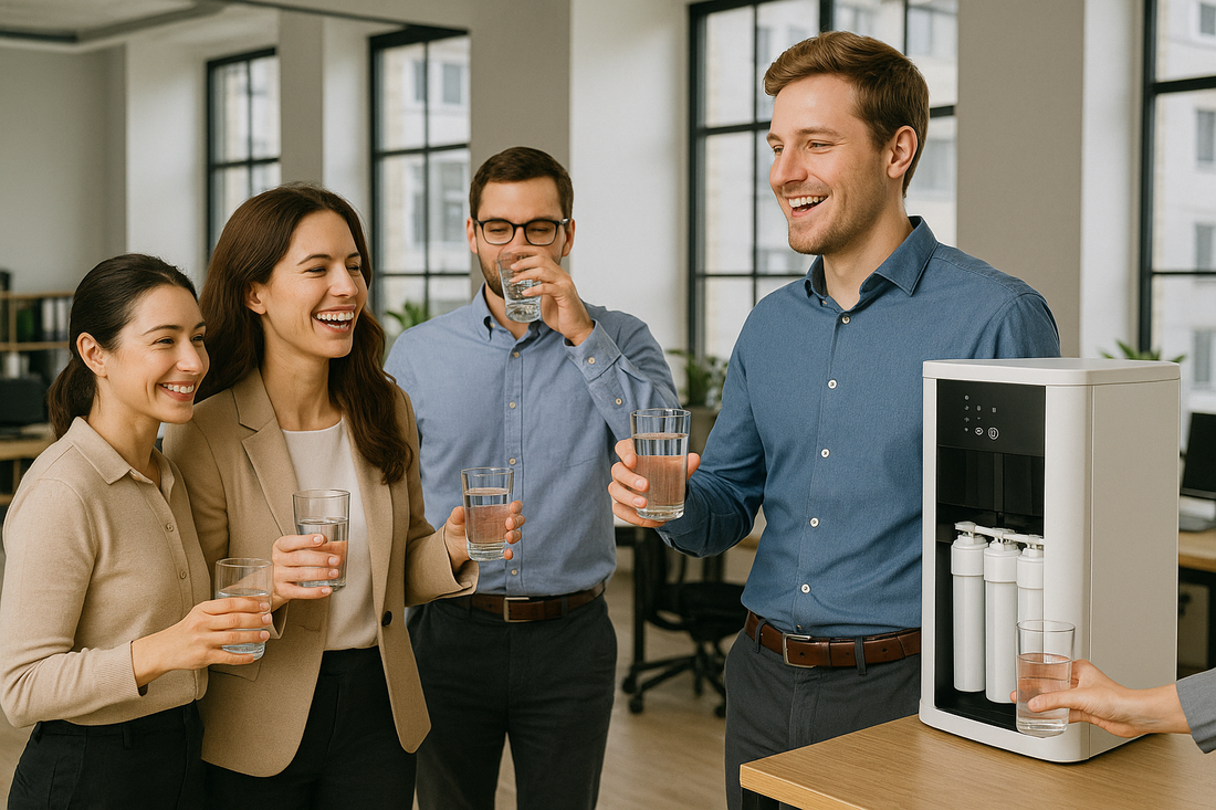 Modern office employees enjoying filtered water from professional water filter system for enhanced workplace productivity