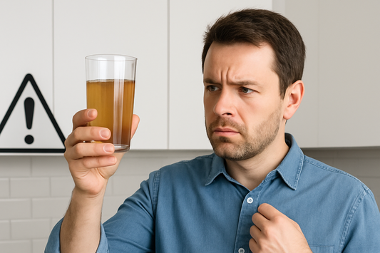 Homeowner examining glass of discolored tap water showing contamination warning signs in modern kitchen