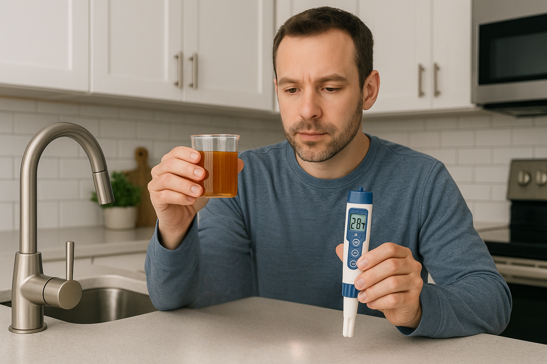 Homeowner testing rusty well water iron levels with digital water testing kit in modern kitchen